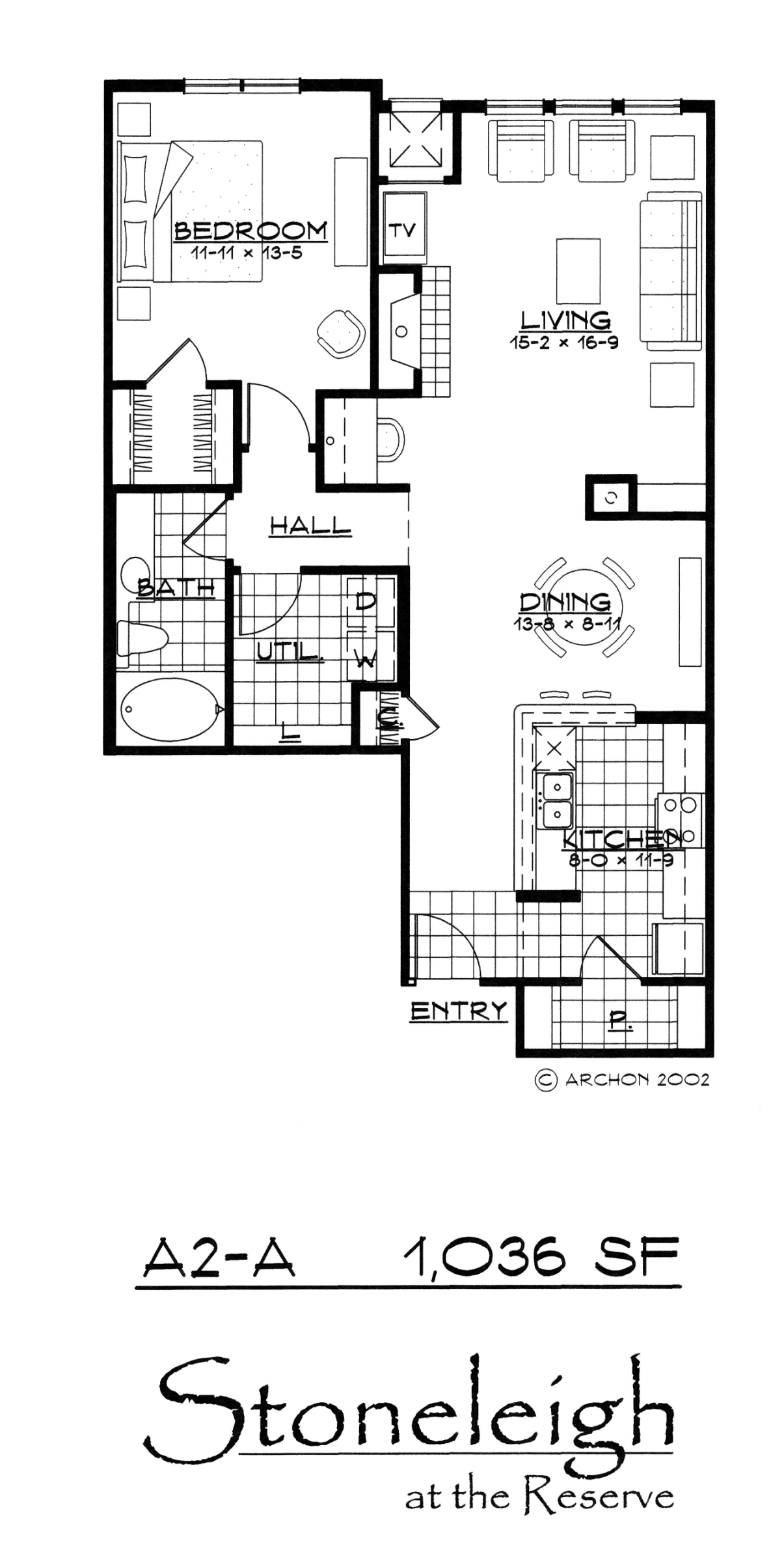 Floor plan for 1 bed, 1 bath, 1036 sqft